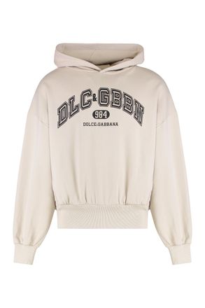 Dolce & Gabbana Mens Hooded Sweatshirt In Jersey With Print - Ivory Cotton - Size Medium