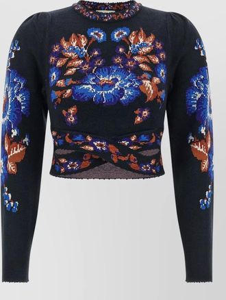 Farm Rio floral-knit cropped long-sleeve top