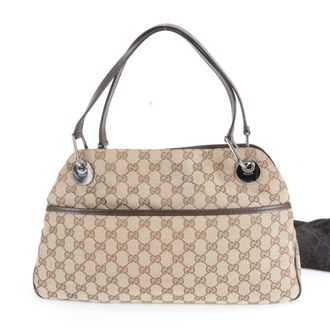 Gucci Brown Leather Canvas Handbag Tote Bag (Pre-Owned)