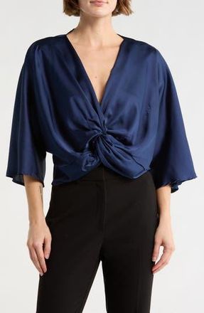 Renee C Plunge Neck Long Sleeve Twisted Knot Satin Top in Navy at Nordstrom Rack, Size X-Large