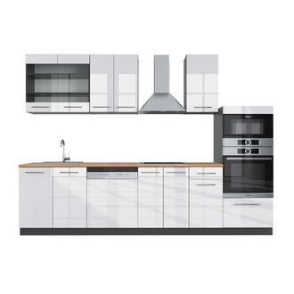 Vicco Mueble De Cocina Fame-line, Blanco Brillo/antracita, 300 Cm Con Armario Alto, Et Roble