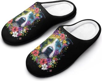 Generic Pitbull1 with Flowers Mens House Slippers Memory Foam Washable Cotton Slip on Home Shoes