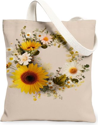 Generic Floral Canvas Tote Bags, Sunflower Design Reusable Grocery Bags, Spring Vintage Lightweight Washable Shoulder Strap for Tra, Beige, 13x15 Inch