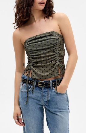 BDG Polka Dot Double Ruched Bandeau Top in Green Polka Dot at Nordstrom, Size X-Small