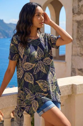 Roman Leaf Print Hanky Hem Tunic Top