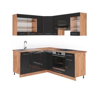 Vicco Cocina Esquinera Fame-line, Antracita Brillo Intenso/roble Dorado El&eacute;ctrico, 160 X 190 Cm, Et Roble