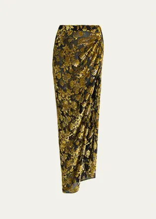 Balmain Floral Velvet Jacquard Draped Slit Maxi Skirt