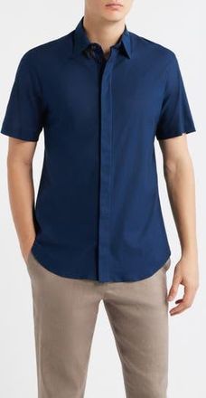 Emporio Armani Textured Stripe Short Sleeve Knit Cotton Button-Up Shirt in Solid Blue Navy at Nordstrom Rack, Size X-Large