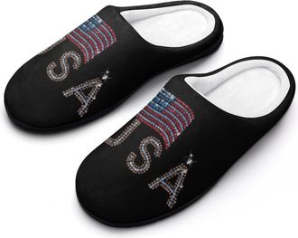 Generic Diamond Flag U.S.A Mens House Slippers Memory Foam Washable Cotton Slip on Home Shoes
