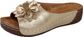 Generic Casual Sandals For Women Thick Soled Flower Fashion Casual Women Shoes Solid Color Open Toe Hollow Slippers Soft Breathable Outdoor Wedges Shoes (Gold