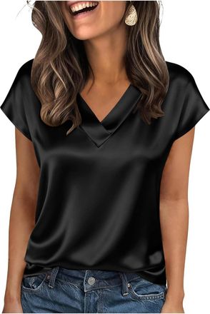 Generic Satin T Shirt V Neck Silk Satin Short Sleeve Silk Blouse Summer Casual Office Work Shirt Classy Casual Outfits Ladies Top Blouses Ladies Tops for Part