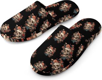 Generic Skull with Mushrooms Flowers Mens Cotton Slippers Memory Foam Comfort House Shoes Winter Indoor Slipper for Hotel Casa Spa