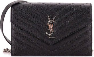 Saint Laurent Black Matelasse Chevron Leather Classic Monogram Wallet On Chain Small (Authentic Pre-Loved)