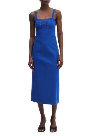 Mango Eyelet Detail Cotton Midi Dress in Blue at Nordstrom, Size 2