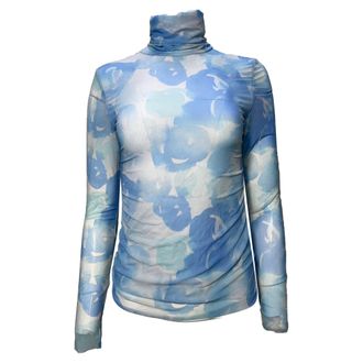 Ganni Ganni Printed Turtleneck Long Sleeve Mesh Top in Light Blue Polyamide