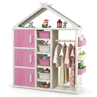 Costway Costway Armadio Per Bambini, Organizzatore A Forma Di Casa Con 1 Lavagna, 3 Armadietti, 4 Cestini, 3 Cubi Chiusi E 3 Cestini Laterali, Armadietto Salv