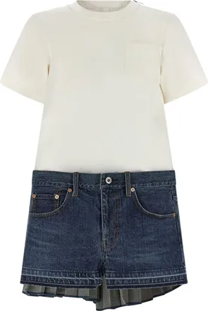 sacai Kleedjes, Dames, Veelkleurig, S, Katoen, Jurk met kapmouweffect en plooien van jersey van katoen en zijde en denim