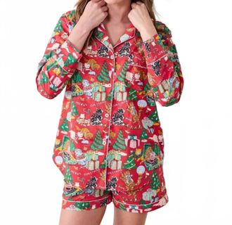 Printfresh Meowy Christmas Long Sleeve Top & Shorts Set In Red Bow