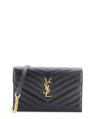 Saint Laurent Black Matelasse Chevron Leather Classic Monogram Wallet On Chain Small (Authentic Pre-Loved)