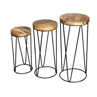 Jaipur Furniture Ravi Iron Base Solid Wood Top Round Stool (Set of 3) - L30 x W30 x H69 cm - Mango Light Finish in Brown