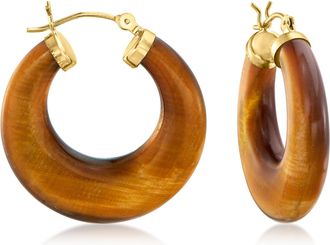 Ross-Simons Tigers Eye Hoop Earrings in 14kt Yellow Gold