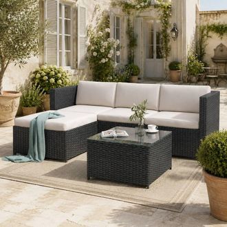 Merax Rattan Garden Corner Sofa Set with Coffee Table, Garden Furniture in Black