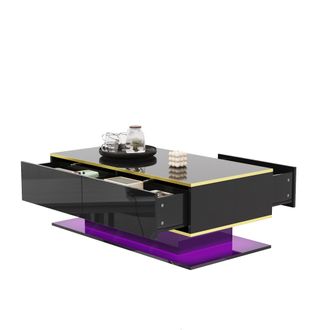 STILVORA Mesa De Centro Con 3 Cajones Y Led, Acabado Brillante, Con Tira Usb, Decoraci&oacute;n Dorada, De Tablero De Part&iacute;culas, Negro, 100&times;50&times;40 Cm