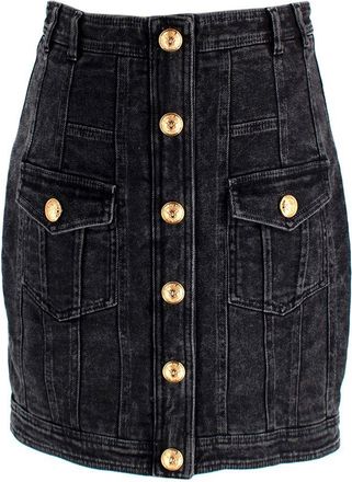 Balmain Black Denim Skirt with Gold Button Detail Size M