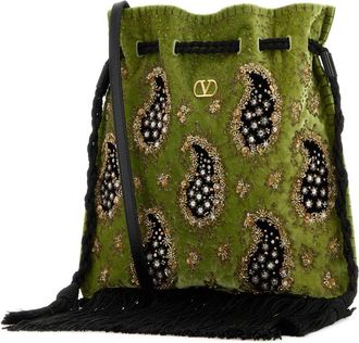 Valentino Garavani Womens Embellished Velvet Bucket Bag Green