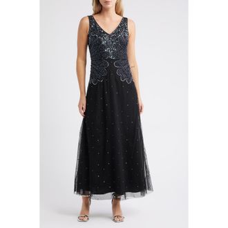 Pisarro Nights Beaded Sleeveless Chiffon Dress in Black at Nordstrom, Size 10