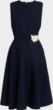 Oscar De La Renta Sleeveless Crystal Belted Stretch Wool Midi Dress