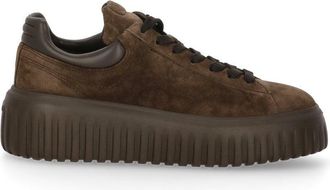 Hogan Round Toe Brown Suede Sneakers With Logo Embellishments And Elevated Sole