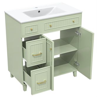 STILVORA Mobile Sottolavabo Con Cassetti E 1 Anta, Finitura Laccata, Lavabo In Ceramica, Piedi In Legno, Bagno, Mdf, Verde