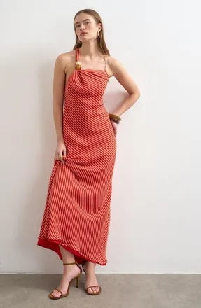 Topshop Beaded Stripe Halter Maxi Dress in Orange at Nordstrom, Size 14