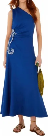 Farm Rio Seahorse Embroidery One-Shoulder Midi Dress In Blue
