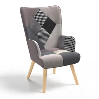IDMarket Poltrona Scandinava Ivar In Tessuto Patchwork Nero, Grigio E Bianco