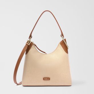 Furla Clarissa Borsa A Spalla M Naturale+cognac H Beige Tessuto Di Canvas + Pelle Di Vitello Sidney Donna