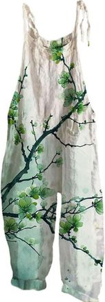 Generic Womens Tropical Print Linen Jumpsuit, Detachable Spaghetti Straps for Resort Photo Shoots & Tiki Bar Nights Black