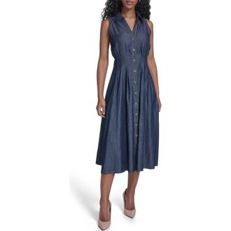 Tommy Hilfiger Sleeveless Cotton Blend Chambray Shirtdress in Dark Wash at Nordstrom Rack, Size 8