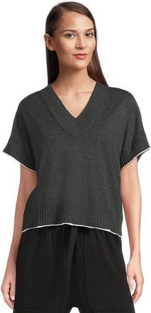 Lilla P Short Sleeve V-Neck Pullover Sweater Womens Sweater Licorice : XL, Cotton/Linen/Polyester