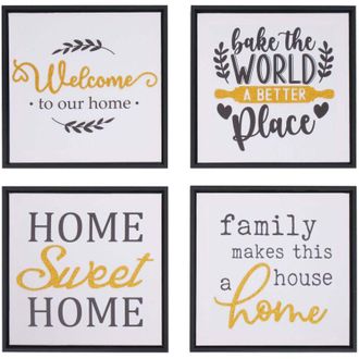 Hhg [NON UTILIZZATO] Set 4 quadri da parete HHG-749, decorazioni murali cornici scritte Sweet Home Welcome World Family, tela legno 30x30cm