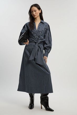 Karen Millen Womens Stripe Cotton Poplin Drama Sleeve Woven Wrap Detail Shirt Dress - Navy - Size 10 UK