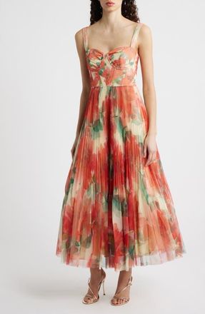 Hutch MacClare Floral Micropleat Gown in Ivory/Coral Watercolor at Nordstrom, Size 10