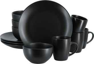 Gibson Home Everyday Plus 12 Piece Round Stoneware Dinnerware Set in Black