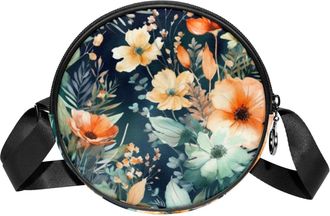 Generic Circle Crossbody Bag for Women, Floral Flowers Small Sling Bag Daypack with Zipper Adjustable Shoulder Straps Casual Ladies Girls Round Purse