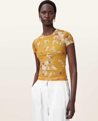 AllSaints Polyester Ellie Floral Print Mesh T-Shirt, Size: UK 14/US 10