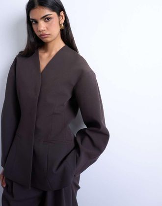 Topshop Blazer da abito ovoidale senza colletto color cioccolato-Marrone