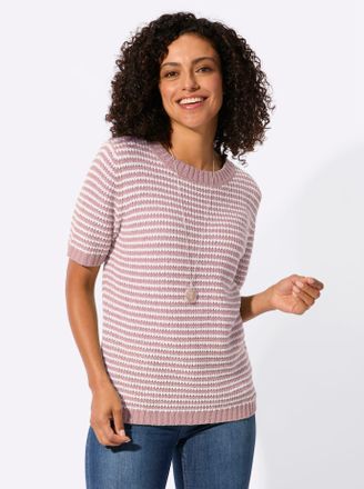 Casual Looks Kurzarmpullover CASUAL LOOKS Kurzarm-Pullover, Damen, Gr. 36, mauve, ecru, geringelt, 50% Baumwolle, 50% Polyacryl, gemustert, mehrfarbig, Pullover Ku