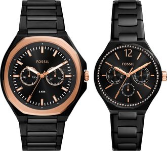 Fossil Mens His and Hers Multifunction, Black Stainless Steel Watch Set, BQ2645SET