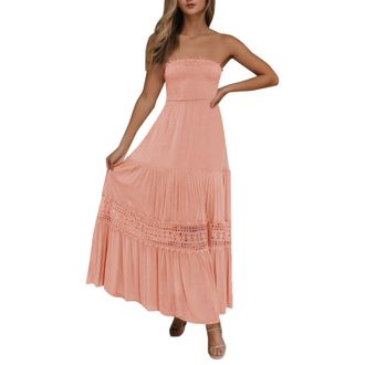 Generic Summer Dress Womens Lightweight Sexy Off Shoulder Bandeau Dress Summer Boho Strapless Bandeau Shirred Flowers Ruffle Tube A Line Maxi Dress Shirt Dres